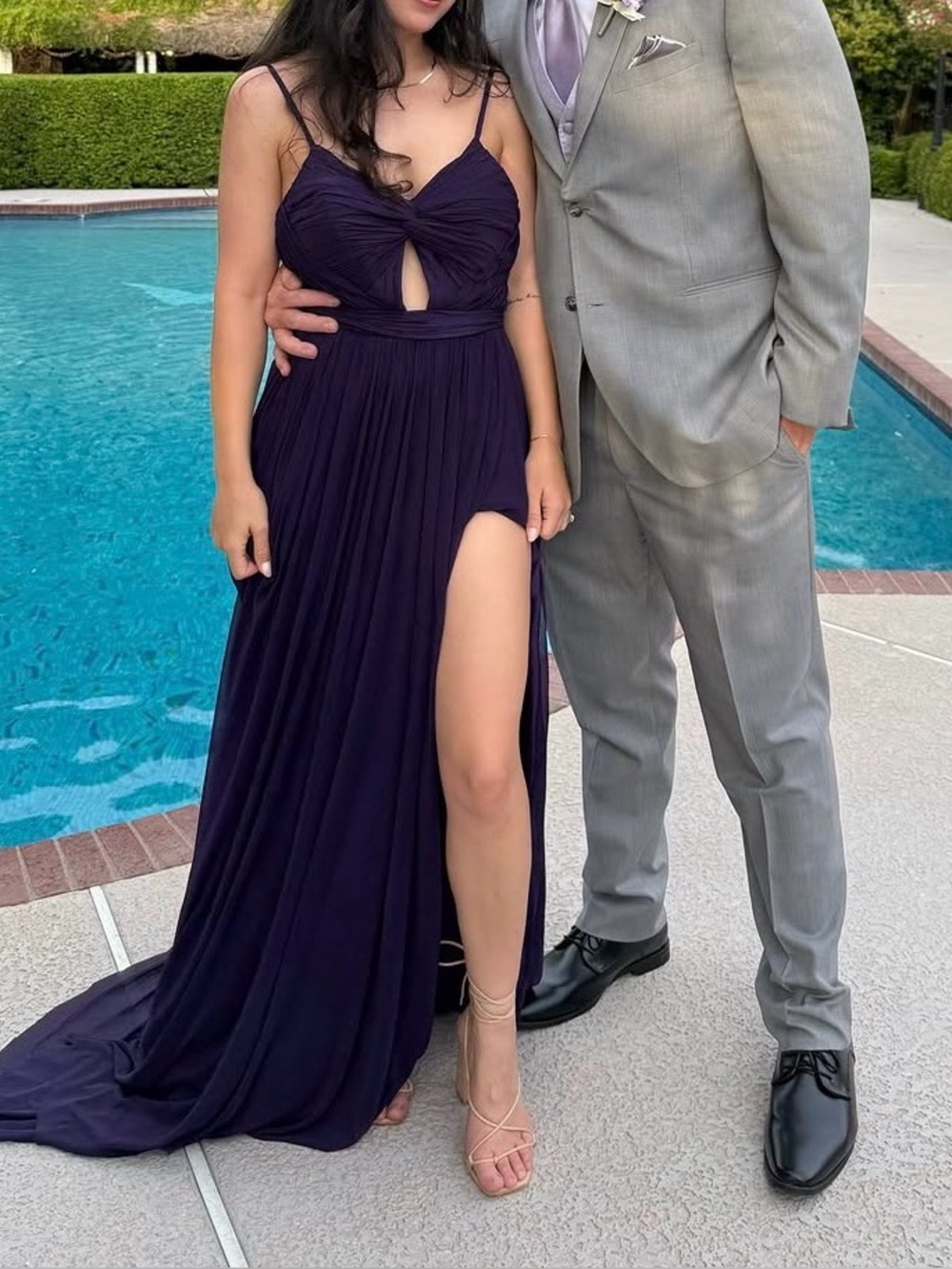 Purple Twist-Front Spaghetti-Strap Prom Gown with High Slit